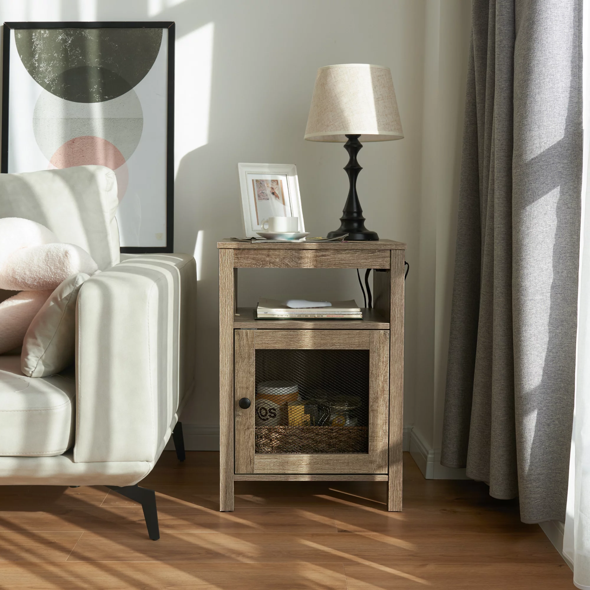 StorageWorks End Table with USB Ports & Power Outlets, Farmhouse Chairside Table with Cabinet and Open Storage Shelf, Wood Accent Table for Living Room Bedroom, Weathered Oak Grey