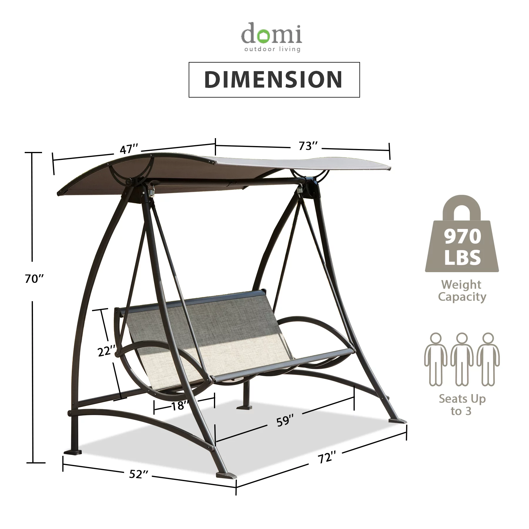 Domi Porch Patio Swing with Adjustable Canopy, 3-seat Swing with Stand, Outdoor Swings w/Armrests, Weather Resistant Steel Frame and Textilene Fabric
