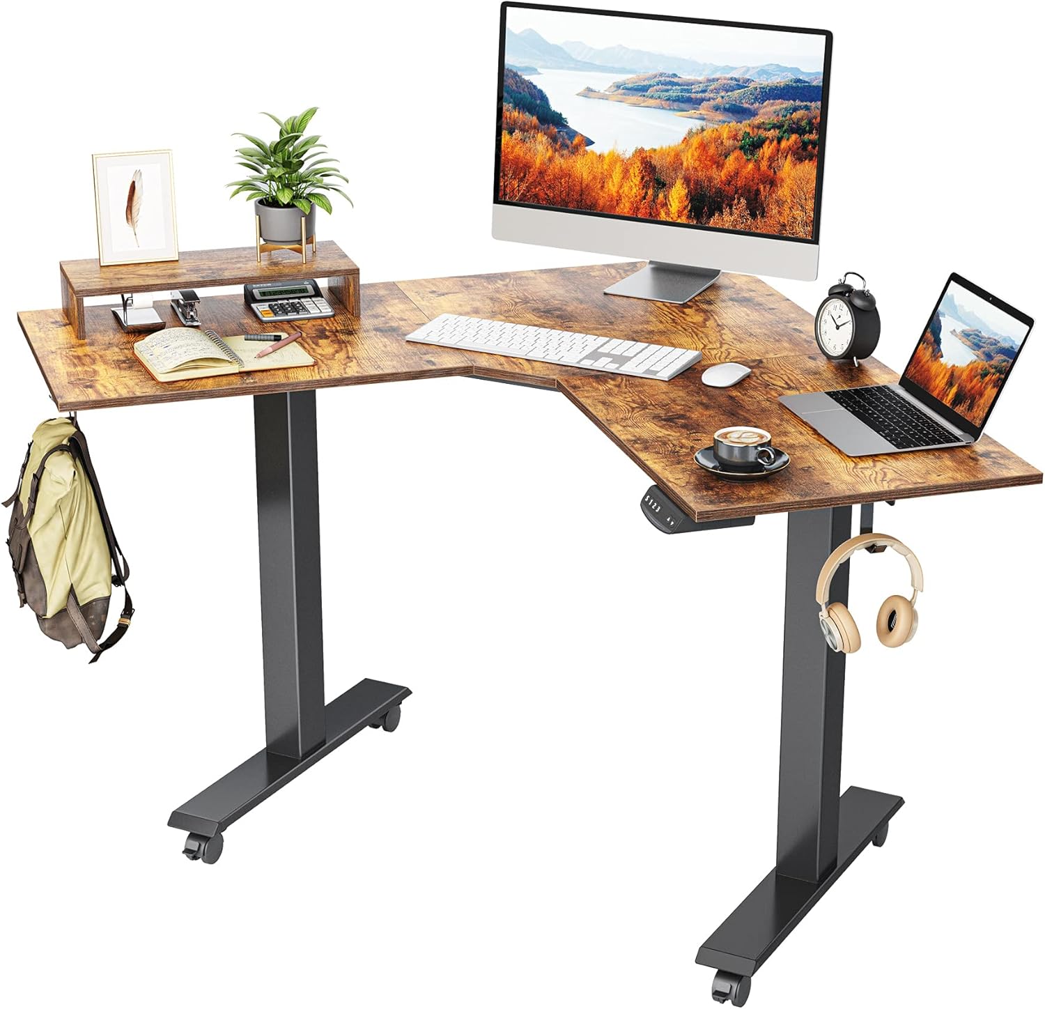 FEZIBO Dual Motor L Shaped Electric Standing Desk, 48 Inches Height Adjustable Corner Desk, Home Office Sit Stand Desk with Bamboo Top and Black Frame
