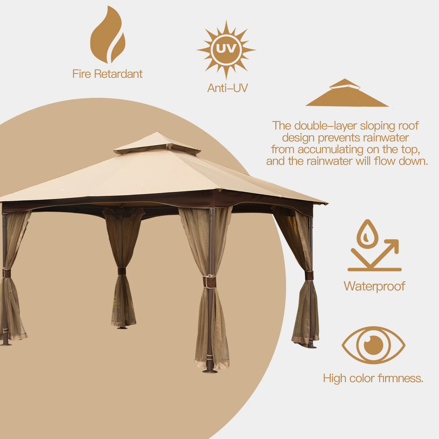 Domi Outdoor Living 10'x13'Patio Gazebo Outdoor Ventilation Double Roof Gazebo with Mosquito Netting for Patio,Lawn and Garden, Brown
