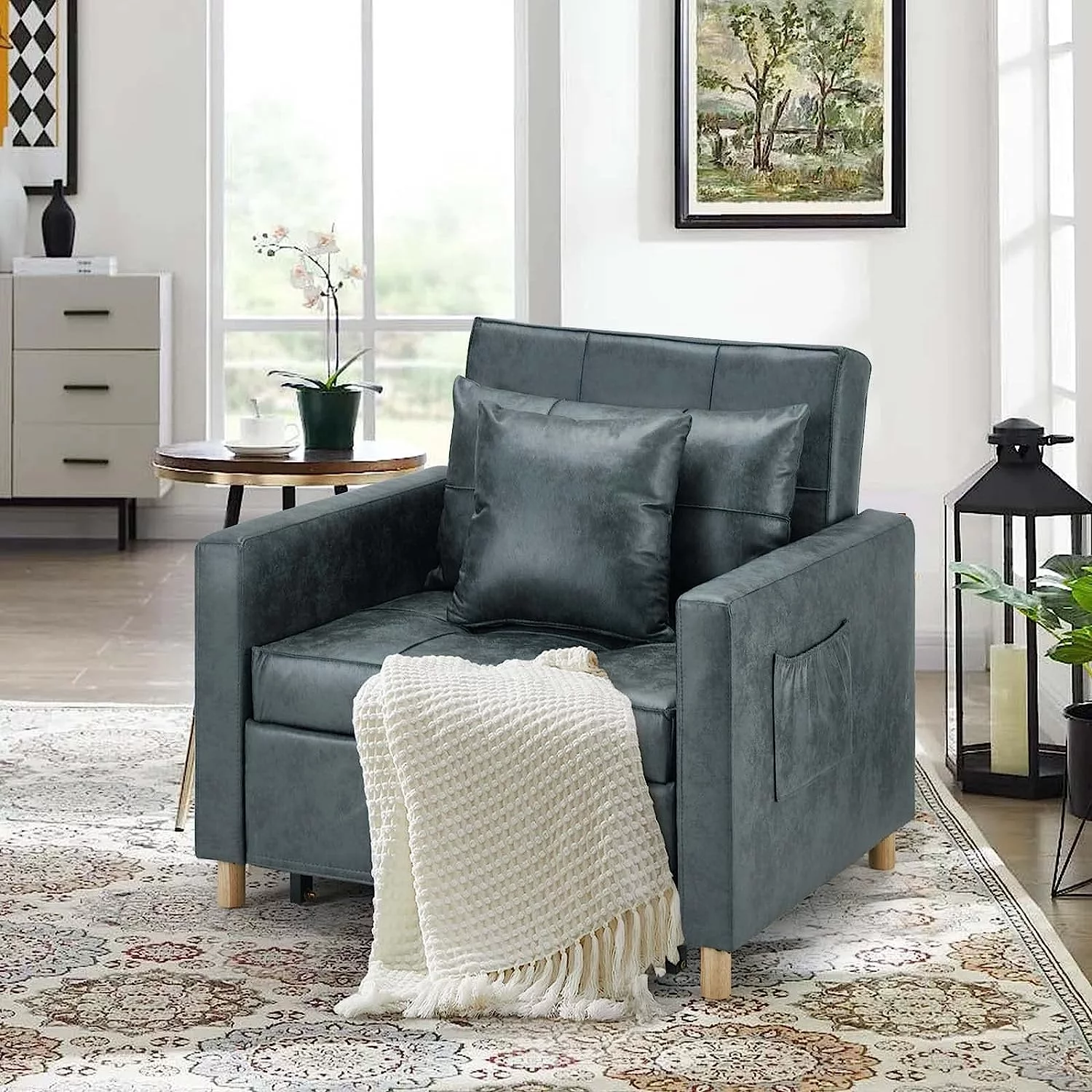 AECOJOY 3-in-1 Convertible Chair Bed Sleeper & Futon Sofa Bed Chair with Adjustable Backrest and 2 Pillows-Bronze Green