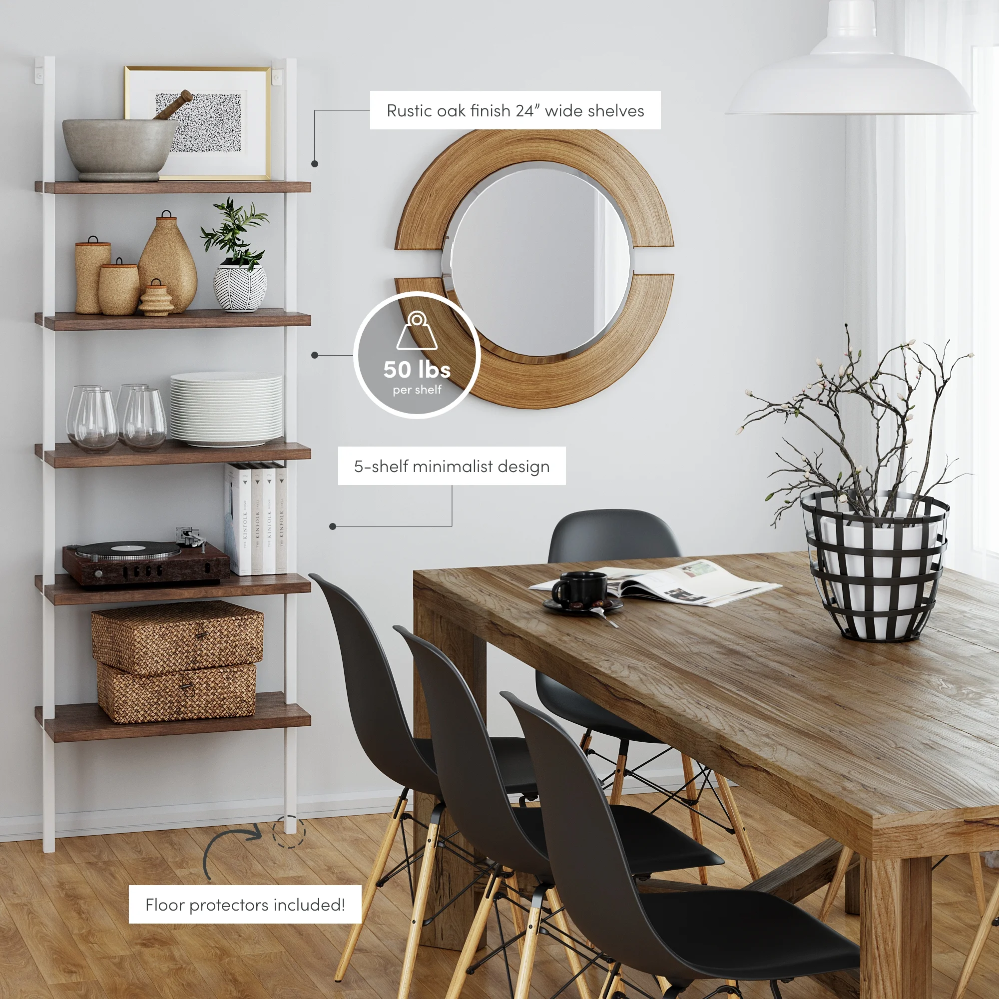 Nathan James Theo 5 - Shelf Ladder Bookcase Natural Light Brown Wooden Shelf and White Metal Frame