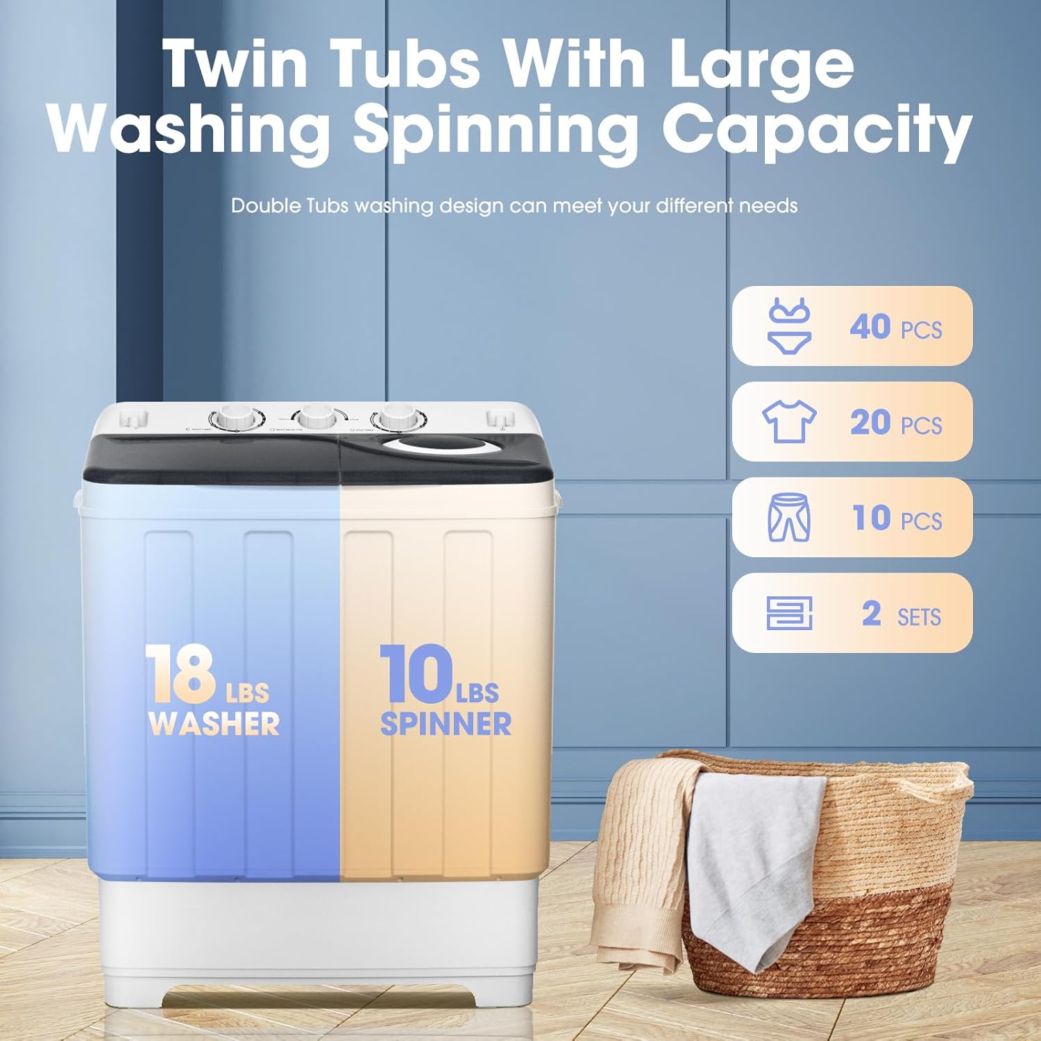 linor Portable Washing Machine, 2 In 1 Washing Machines, Twin Tub Compact Washer 28lbs Capacity, Laundry Washer with Control Knobs/Timer Function/Drain Pump, Washer and Dryer Combo for Apartment
