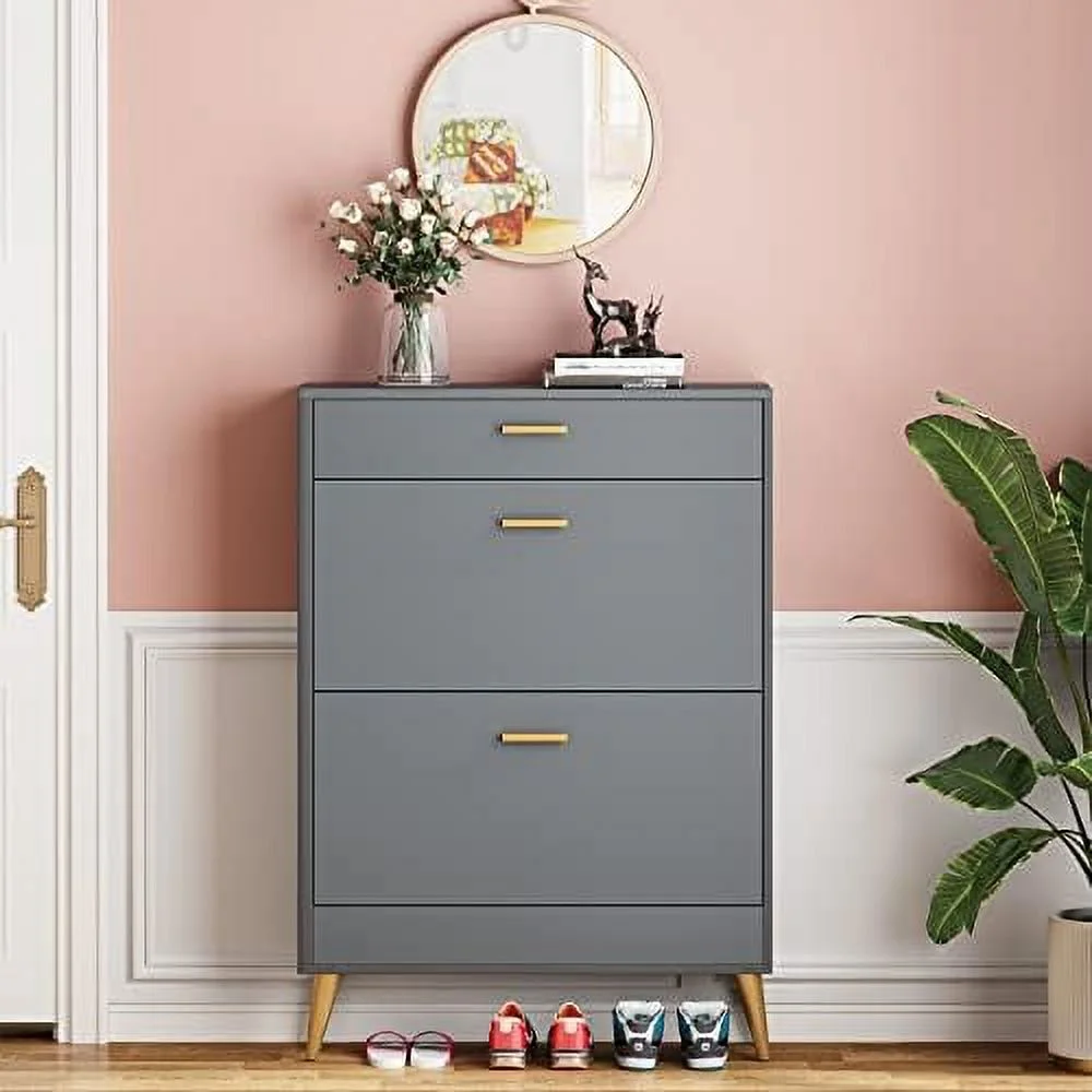 Shoe Cabinet  White Shoe  Cabinet with 2 Flip Doors and Drawer   Narrow Shoe Organizer Rack for Entryway  Closet (White)