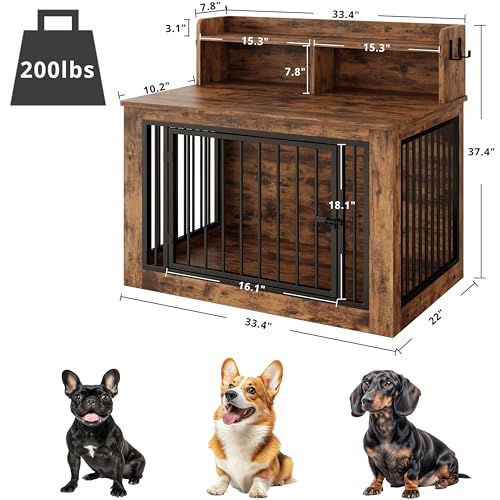 IRONCK Extra Large Dog Crate Furniture, 43.3 inches Wooden Dog Crate with Storage and 4 Hooks, Heavy Duty Pet Crate for Large Dog, Decorative Pet Cage for Indoor (30" L x 43.3" W x 41.1" H)