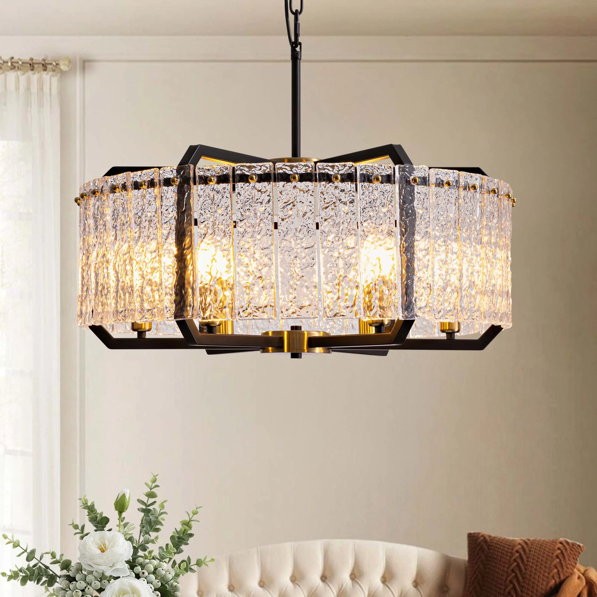 HOOMEDELIER Modern Crystal Chandeliers Lighting for Dining Room,  6-Light Luxury Water Ripple Glass Black Ceiling Light Fixture, Round Drum Chandelier for Kitchen Island, Entryway, Farmhouse 25"D*11"H