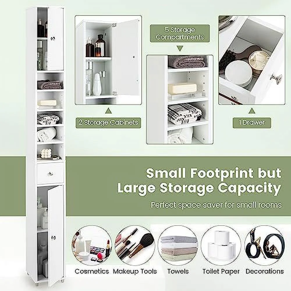 ZFGSUIJN Tall Slim Bathroom  Cabinet  71" Freestanding Bathroom Cabinet w/ 2 Doors  1 Drawer &amp; 5 Adjustable Shelves  Floor Narrow Tower Cabinet for Small Spaces  8" x 8" x - Curated Treasures Market