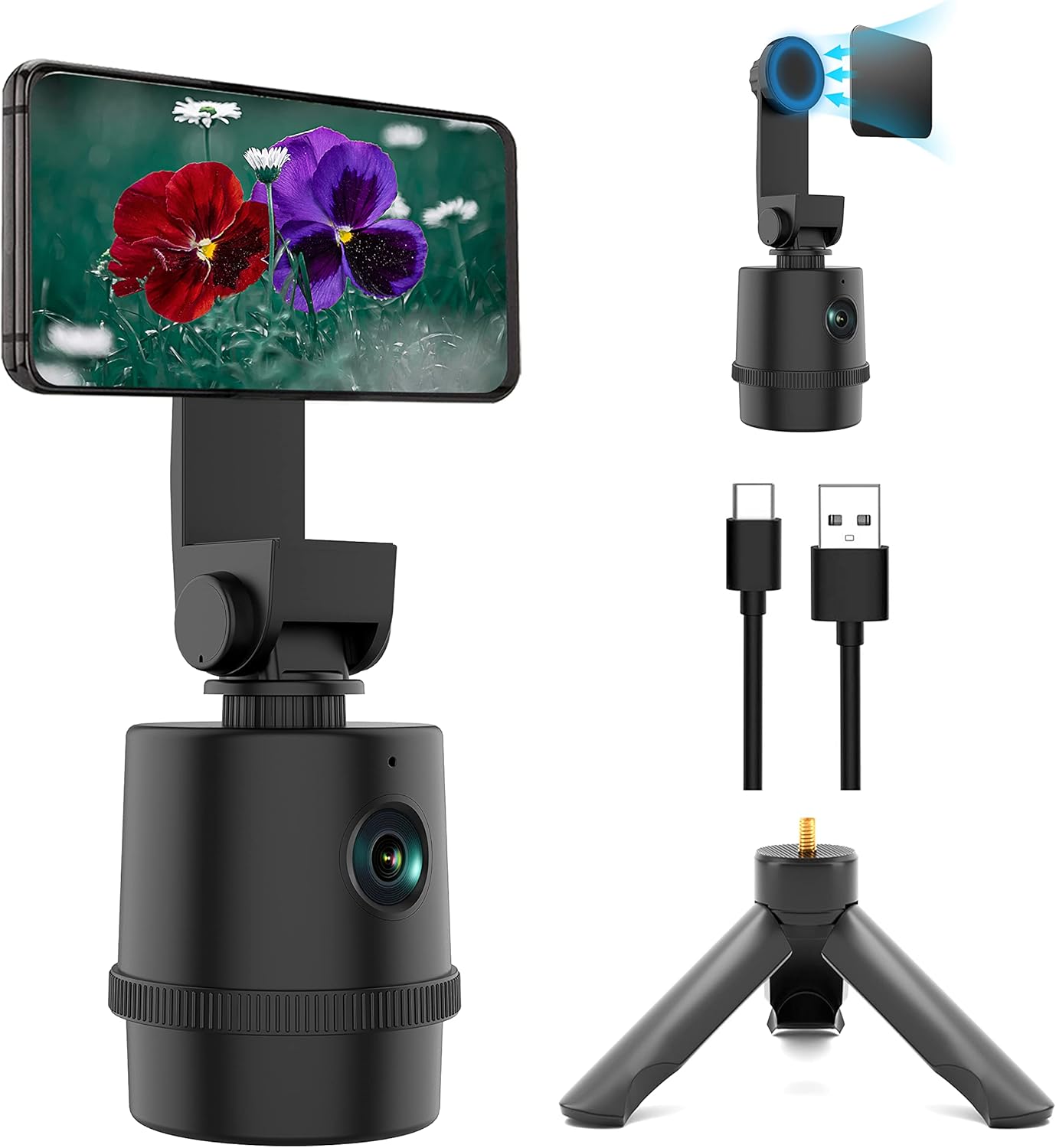 SWYJO Auto Face Tracking Gimble 1080P Webcam with Strong Magnetic Phone Holder and Tripod, PTZ Camera Plug and Play 360° Rotation Shooting Moving Videos for Vlog, Live Streaming, TIK Tok Pack of 2
