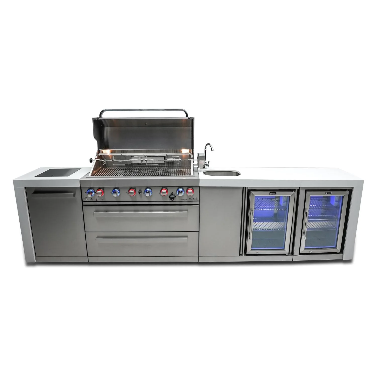 Mont Alpi 805 Deluxe Propane Gas Island Grill W/ Beverage Center, Refrigerator Cabinet, Infrared Side Burner, & Rotisserie Kit - MAi805-DBEVFC
