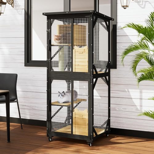 LEMBERI Cat House Outdoor Catio Cat Enclosures on Wheels, 71" Large Outside Patio Wooden Cat Cage Resting Box,Scratching Post, Waterproof Roof (Gray, 71")