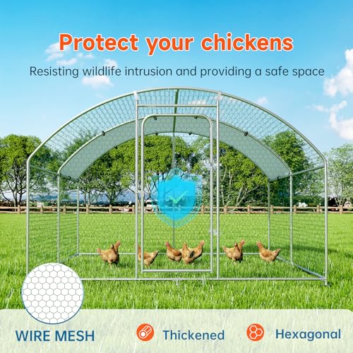 Large Metal Chicken Coop, Chicken Run Poultry Cage Hen with Water-Resident and Anti-UV Cover for Duck Rabbit House Outdoor Walk-in Chicken Pen for Yard, Dome Roof(10’ W x 19.7’ L x 6.4’ H)