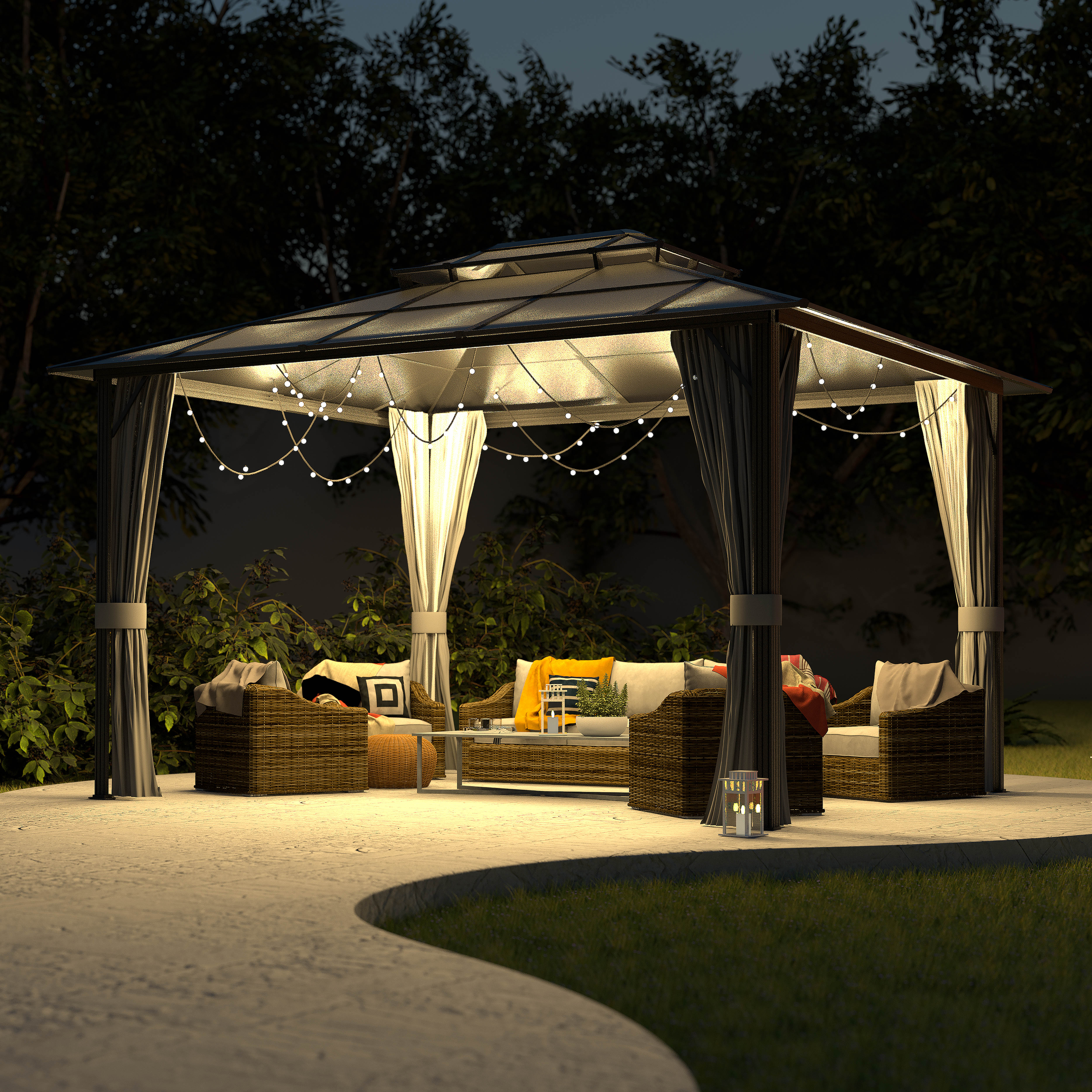 VEIKOUS 10ft x 13ft Outdoor Double Roof Gazebo w/ Netting & Curtains - Aluminum Frame Permanent Pergola for Garden Patio Lawns Parties - Curated Treasures Market