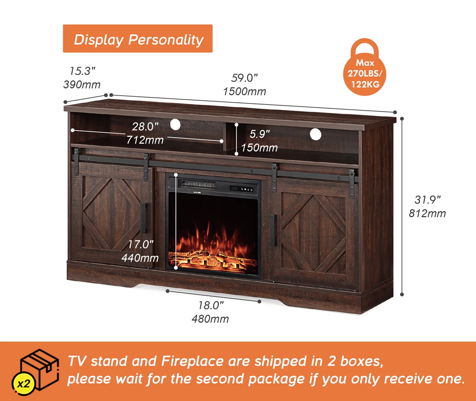 Farmhouse Electric Fireplace TV Stand for TV's up to 65 inch,Brown