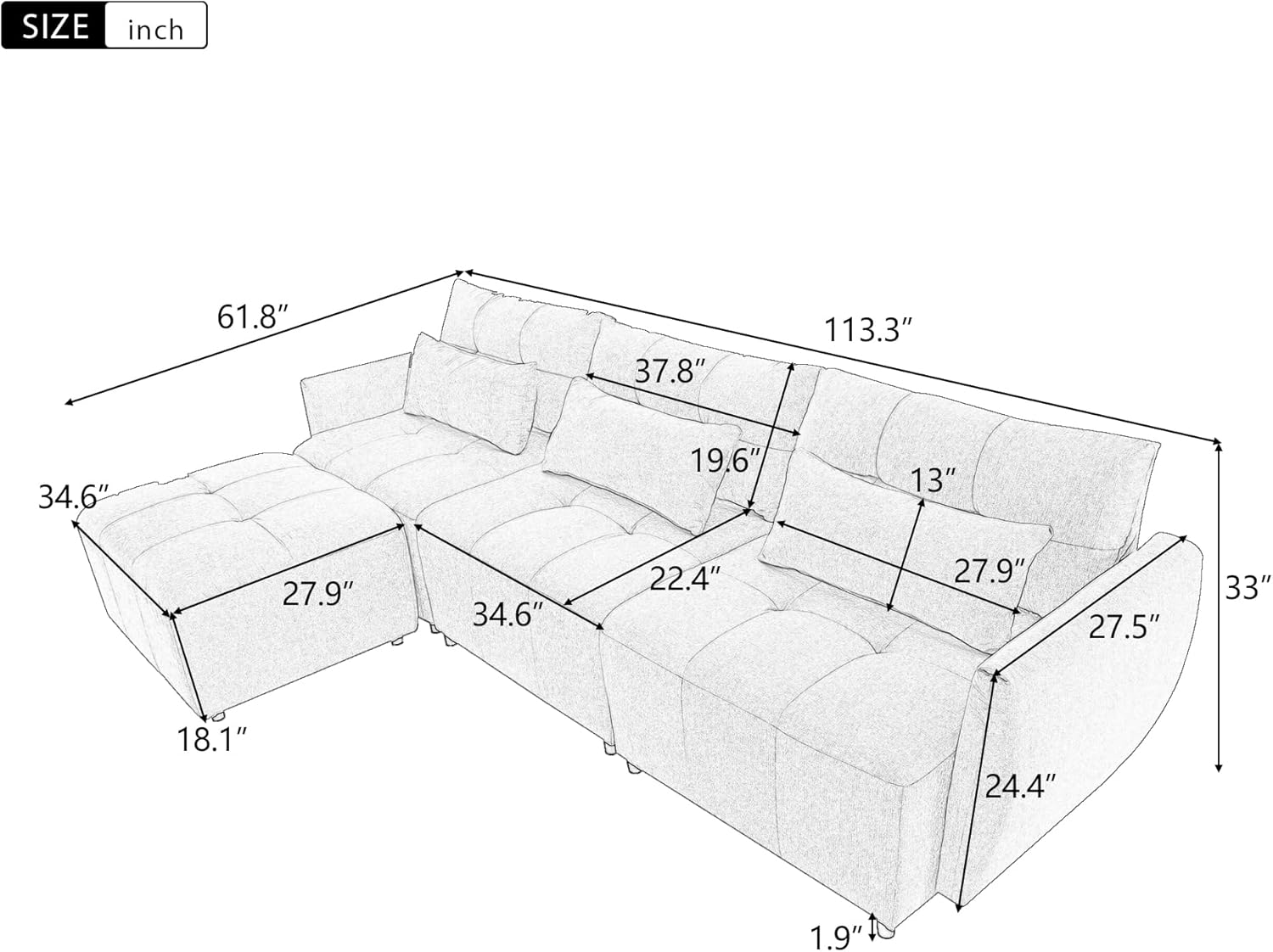 Living Room Furniture Sets, Oversized 114" Convertible Sectional Sofa,5-Seat L-Shaped Couch with Movable Ottoman and USB,Extra Comfy Upholstered Cloud for Large Space Apartment Office, Beige