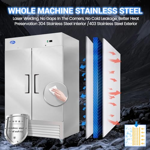 54"W Commercial Freezer 2 Solid Door, 49 Cu.ft Reach-in Stainless Steel Freezer, Upright Fan Cooling for Restaurant, Bar, Home, Shop (Equip 8 Shelves) - kalifon Warehouse Shipments