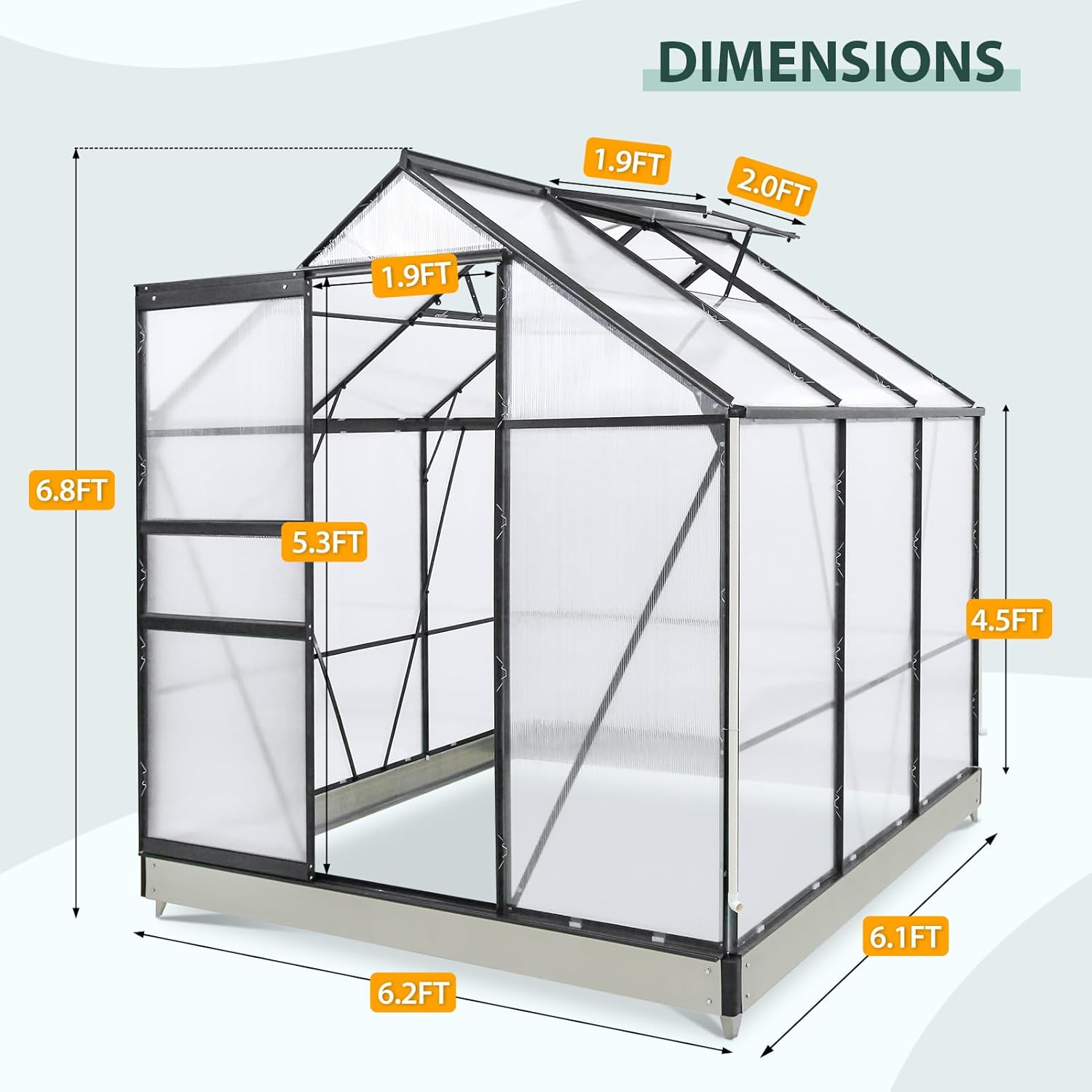 EAGLE PEAK 6x6x7 Outdoor Walk-in Hobby Greenhouse with Adjustable Roof Vent and Rain Gutter, Base and Anchor, Polycarbonate Aluminum Green House for Backyard Garden, Gray