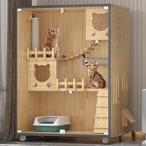HUATOL Wooden Large Indoor Cat Enclosure, Indoor/Outdoor Cat Cage Large Space with Wheels, Multi-Feature Enclosed Cat Condo for Indoor Cats Ventilation Glass Doors, 50" X 36" X 24"