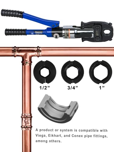 AMZCNC Copper Tube Fittings Pipe Crimping Tool with 1/2 inch,3/4 inch and 1 inch Jaw Copper Pipe Press Crimpers Pressing Pliers,Suit for Narrow Space and Tee Fitting，Hydraulic drive