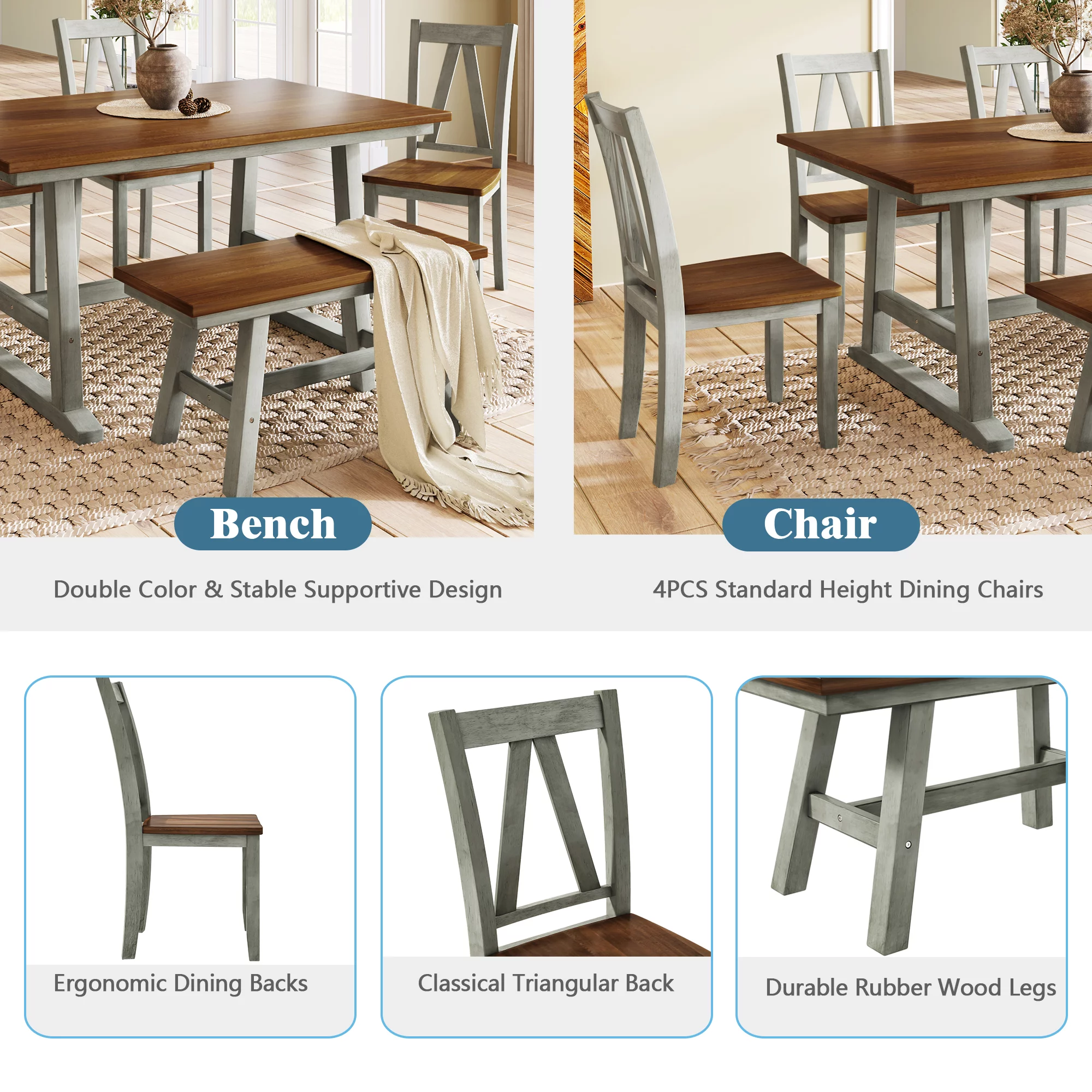 6 Piece Farmhouse Style Solid Wood Dining Room Set with Long Bench and 4 Dining Chairs, Rustic Farmhouse Kitchen Table Set with Bench and 4 Chairs, 36” x 60” Rectangle Table(Walnut+Gray)