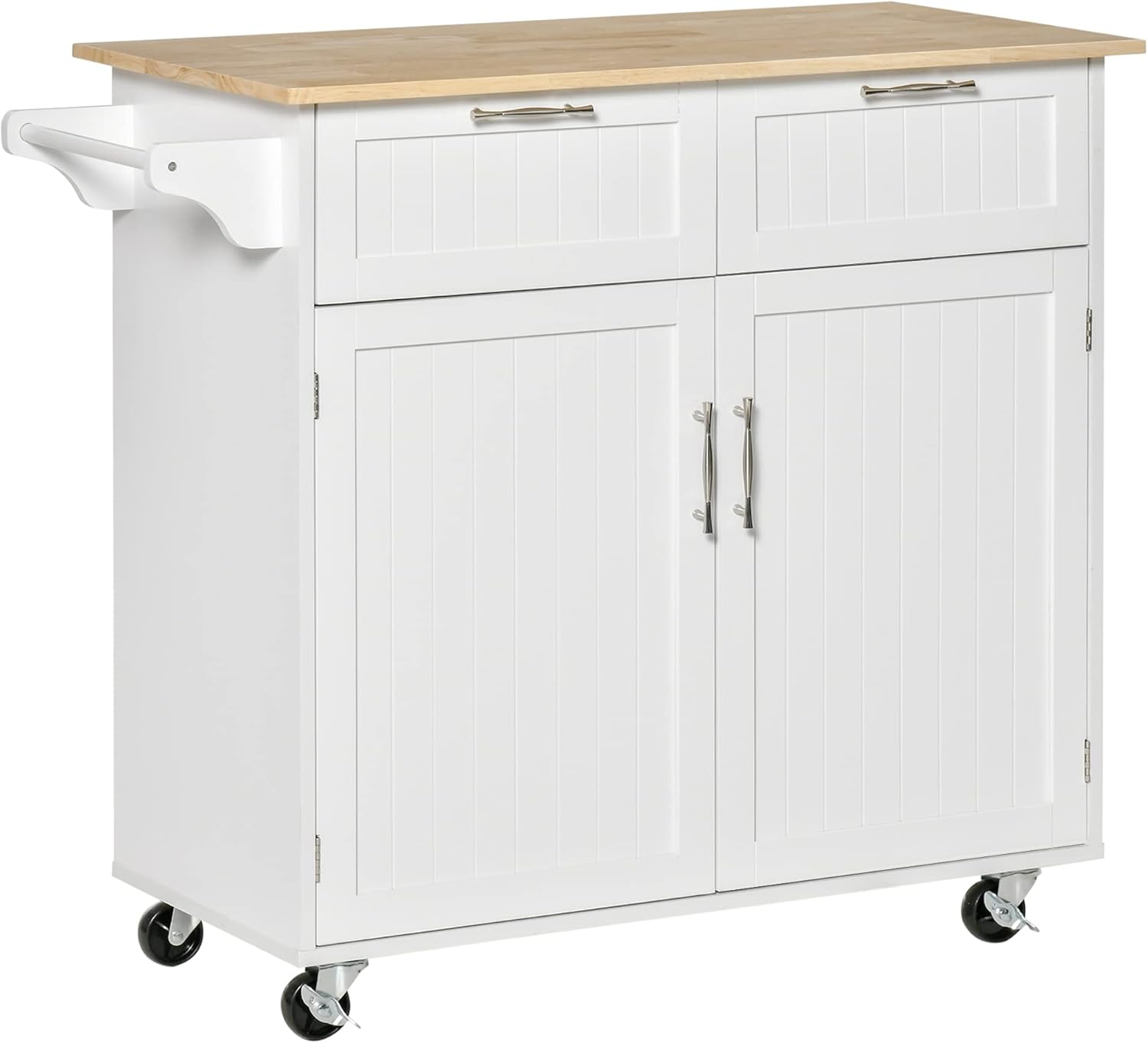 HOMCOM 41" Modern Rolling Kitchen Island, Kitchen Storage Utility Cart Trolley with Rubberwood Top, 2 Drawers, and Towel Rack, Grey