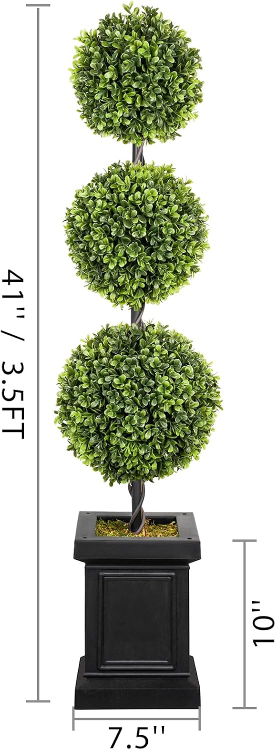 Artificial Topiary Outdoor Set of 2, 3.5ft Boxwood Outdoor Porch Trees, All-Year Green Fake Plant Topiary Trees Artificial Outdoor with Sturdy Pot for Porch Outdoor Indoor (Ball)