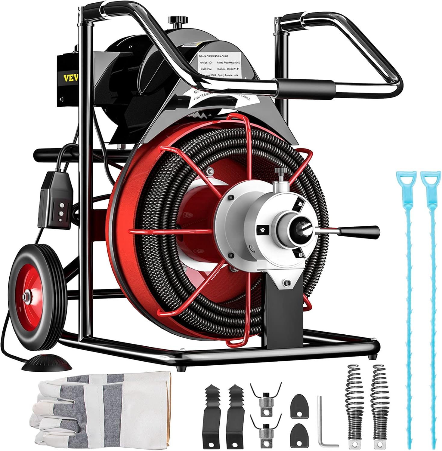 Mophorn 50 Ft x 1/2Inch Drain Cleaner Machine fit 1 Inch (25mm) to 4 Inch(100mm) Pipes 370W Open Drain Cleaning Machine Portable Electric Drain Auger with Cutters Glove Drain Auger Cleaner Sewer Snake