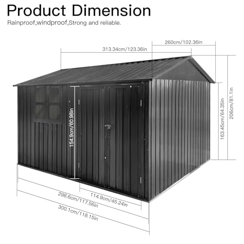 10' x 8' Large Outdoor Storage Shed, Sturdy Metal Building w/Windows & Lockable Doors for Garden, Backyard, Poolside and Lawn, Grey