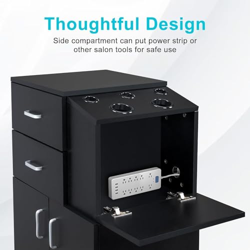 Salon Trolley Cart with Wheels, Salon Station Rolling Cart with 5 Hair Dryer Holders, 2 Drawers, 1 Large Cabinet (White)