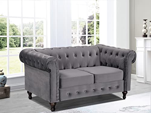 Teressa 3-Piece Velvet Chesterfield Sofa Set for Living Room, Apartment or Office, Includes Mid Century Modern Couch, Loveseat and Accent Chair, Grey