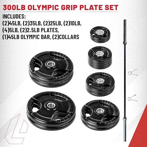 Olympic Weight Set With Bar - Commercial Grade, Rubber Coated Olympic Grip Weight Plates, Barbell, and Spring Clips - Perfect Home Gym Workout Set