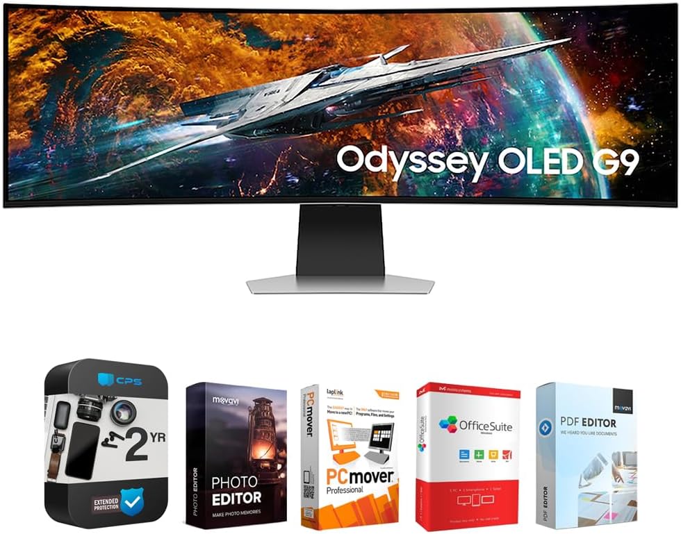 SAMSUNG 49" Odyssey OLED G9 (G95SC) DQHD 240Hz G-Sync Curved Gaming Monitor Bundle with Tech Smart USA Elite Suite 18 Standard Editing Software Bundle + 1 Year CPS Enhanced Protection Pack