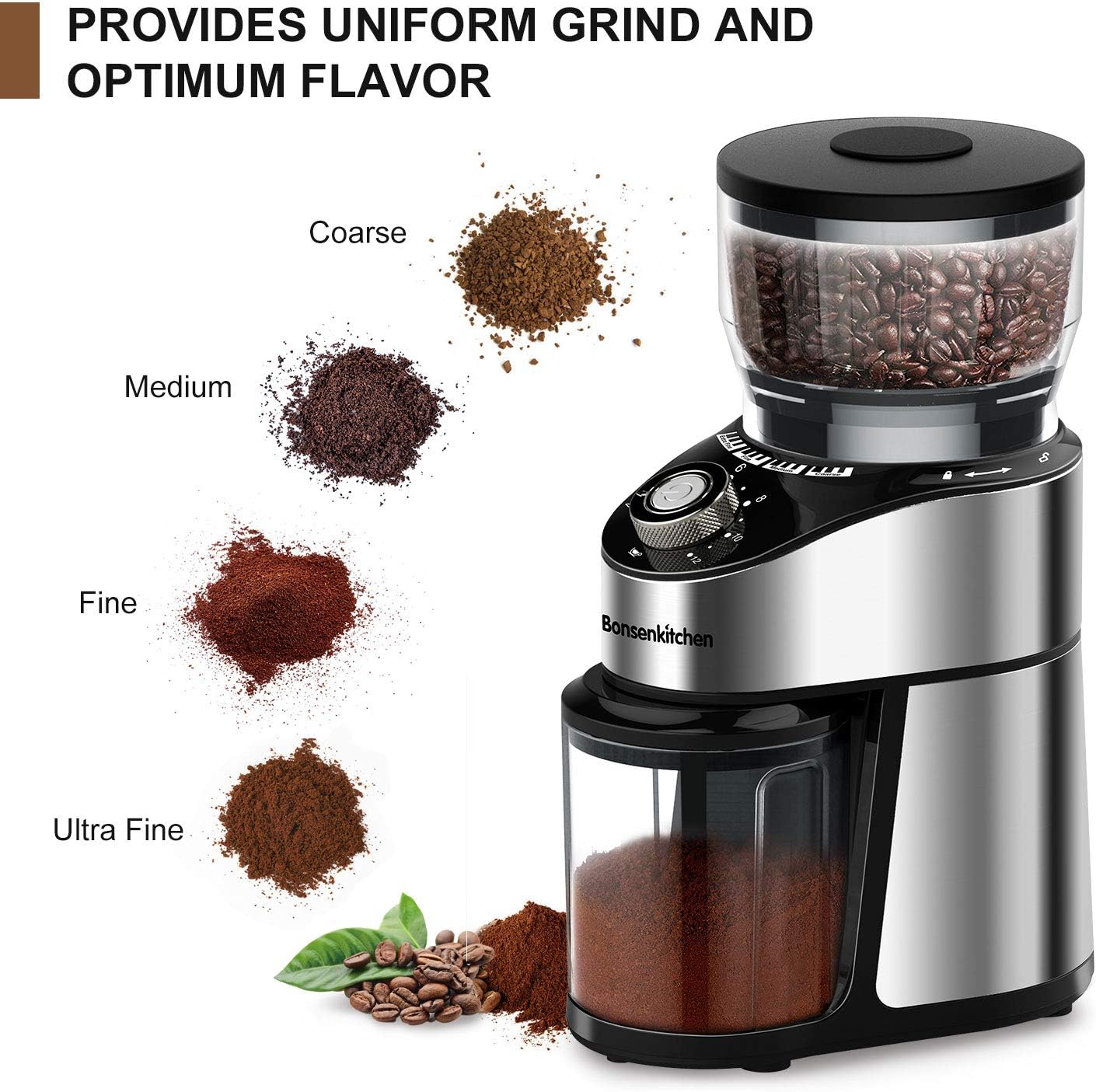 Electric Burr Coffee Grinder, Automatic Conical Burr Mill Coffee Bean Grinder with 12 Precise Grind Settings and Cup Selection, Large Capacity, Stainless Steel