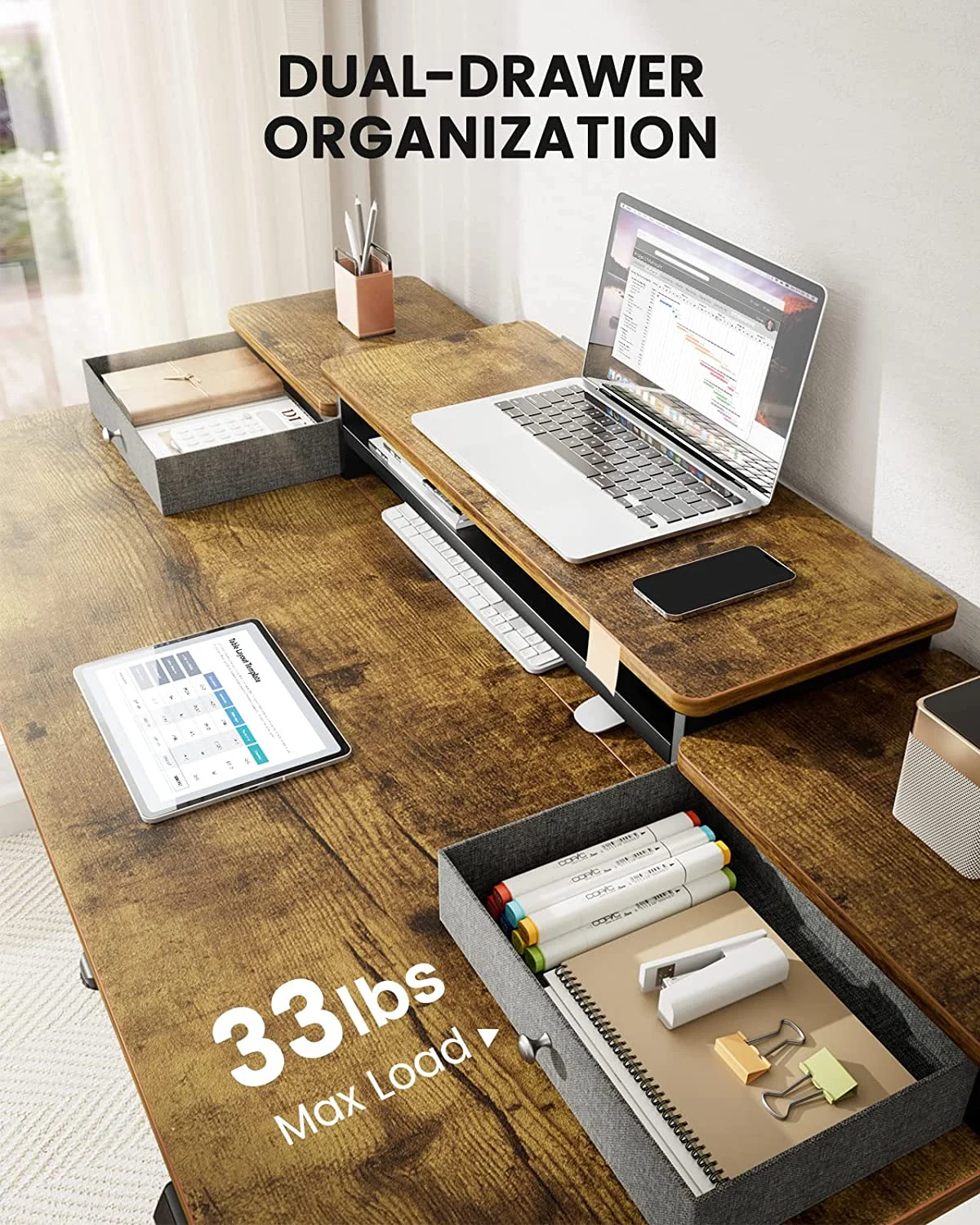 48x24 Inches Adjustable Height Electric Standing Desk with Double Drawers and Storage Shelf Stand Up Desk Computer Desk for Home Office