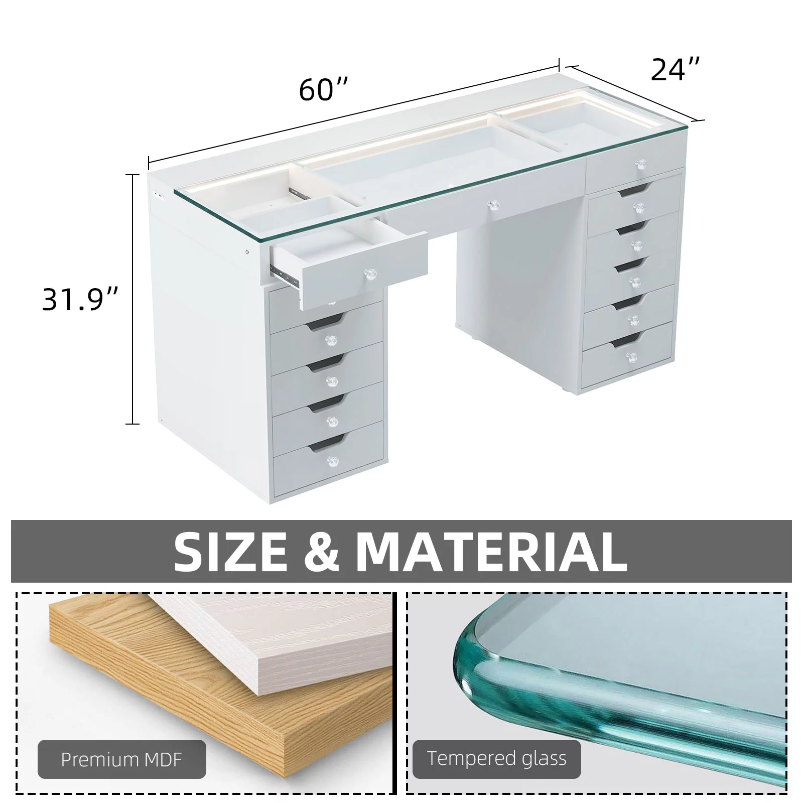 VANITII 13 Drawers Modern Makeup Vanity Table Desk with Lights Charging Port Stainless, for Bedroom