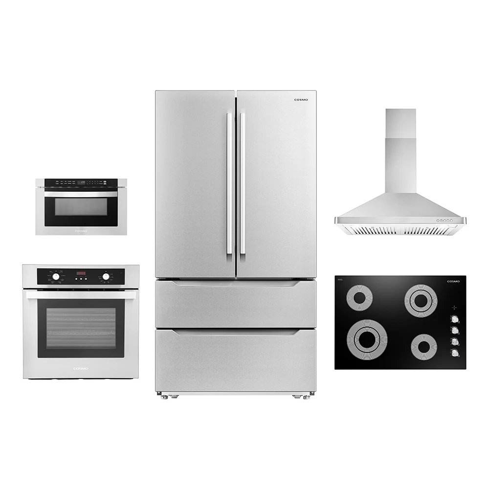 Cosmo 5 Piece Kitchen Appliance Package With 30" Electric Cooktop 30" Wall Mount Range Hood 24" Single Electric Wall Oven 30" Over-The-Range Microwave & French Door Refrigerator