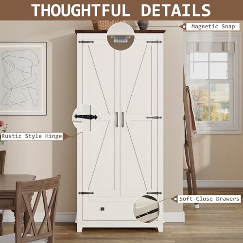 Farmhouse Kitchen Pantry Cabinet, 72" Tall Storage Cabinet with Adjustable Shelves & Barn Doors, Freestanding Kitchen Cupboard for Dining Room, Living Room, Barnwood+White