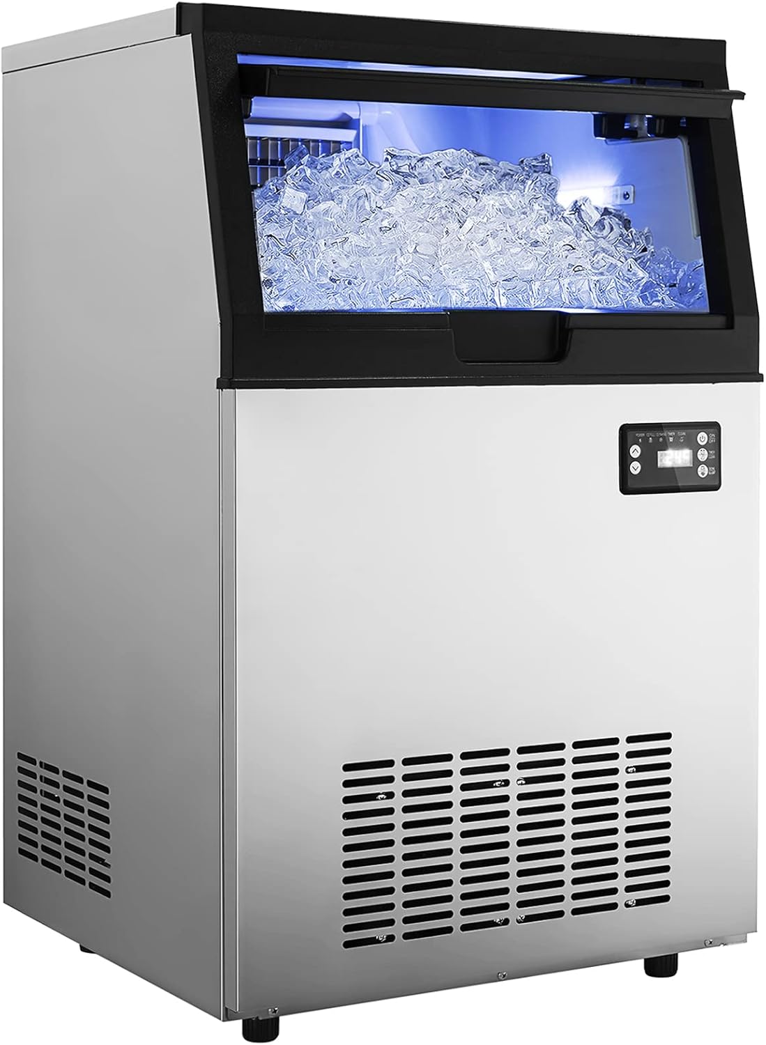 Commercial Ice Maker Machine, Freestanding Ice Maker Machine 132lbs/24H with 33lbs Ice Storage Capacity, Stainless Steel Ice Machine Ideal for Coffee Shop, Restaurants, Homes and Offices