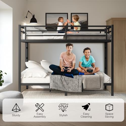 Twin XL Over Twin XL Bunk Bed, Metal Bunk Bed Frame Heavy Duty Bunk Beds Loft Bed Frame with Ladder and Guardrail Metal Slats No Box Spring Required for Adults Teens, Black