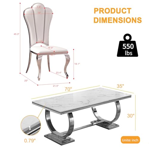 Goujxcy White Marble Dining Table Set for 6, Luxury Silver Kitchen Table and Chairs Set of 6, 70" Faux Marble Rectangle Dining Room Table with 4 Leather Chairs,Modern 7-Piece Dining Table Set