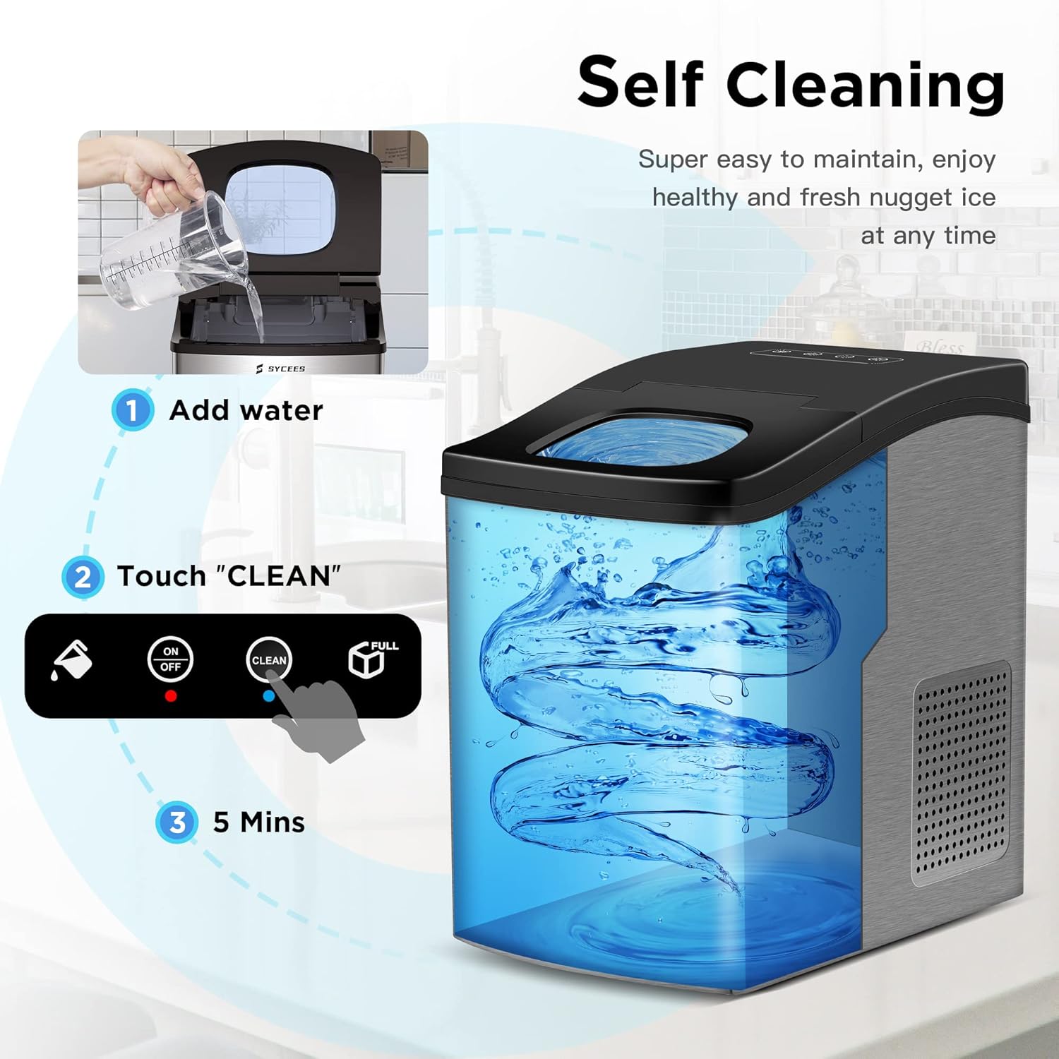 Nugget Ice Maker for Countertop, 33lbs/24h, Sonic Ice Ready in 10 Mins, 5lbs Ice Storage, Self-Cleaning Function, Touch Control, Stainless Steel Pellet Ice Machine for Home Kitchen, Bar, Office