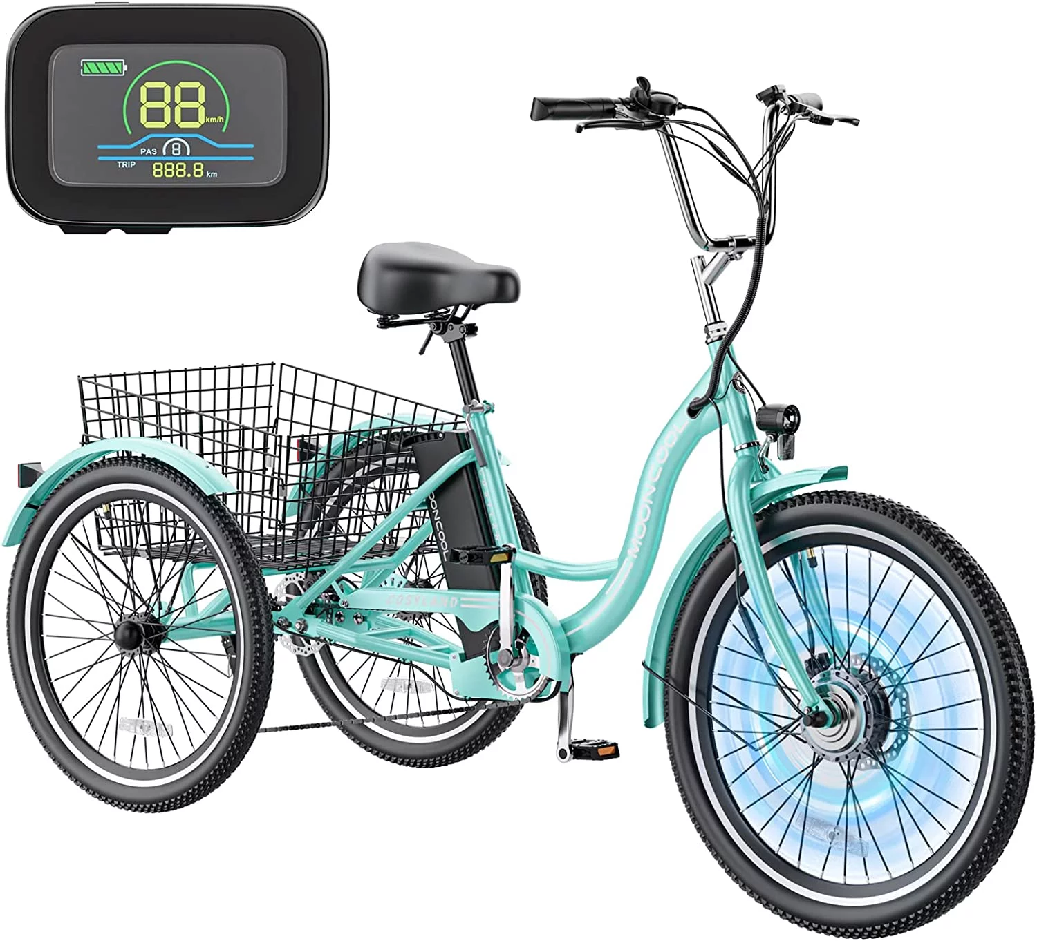 MOONCOOL 26" 7 Speed Electric Tricycle, 350W 36V 14.5Ah 350W 15MPH Lithium Battery UL Certified, 3 Wheel Electric Bicycle for Adults