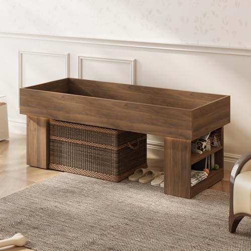 Modern Wooden Pet Bed with 2 Cushions and Led Light, Elevated Dog Bed for Small and Medium, Pet Furniture with Storage, Walnut