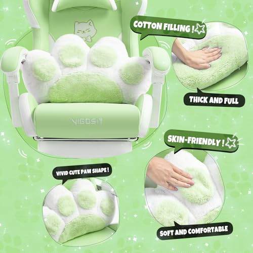 Cute Gaming Chair with Cat Paw Lumbar Cushion and Cat Ears, Ergonomic Computer Chair with Footrest, Reclining PC Game Chair for Girl, Teen, Blue