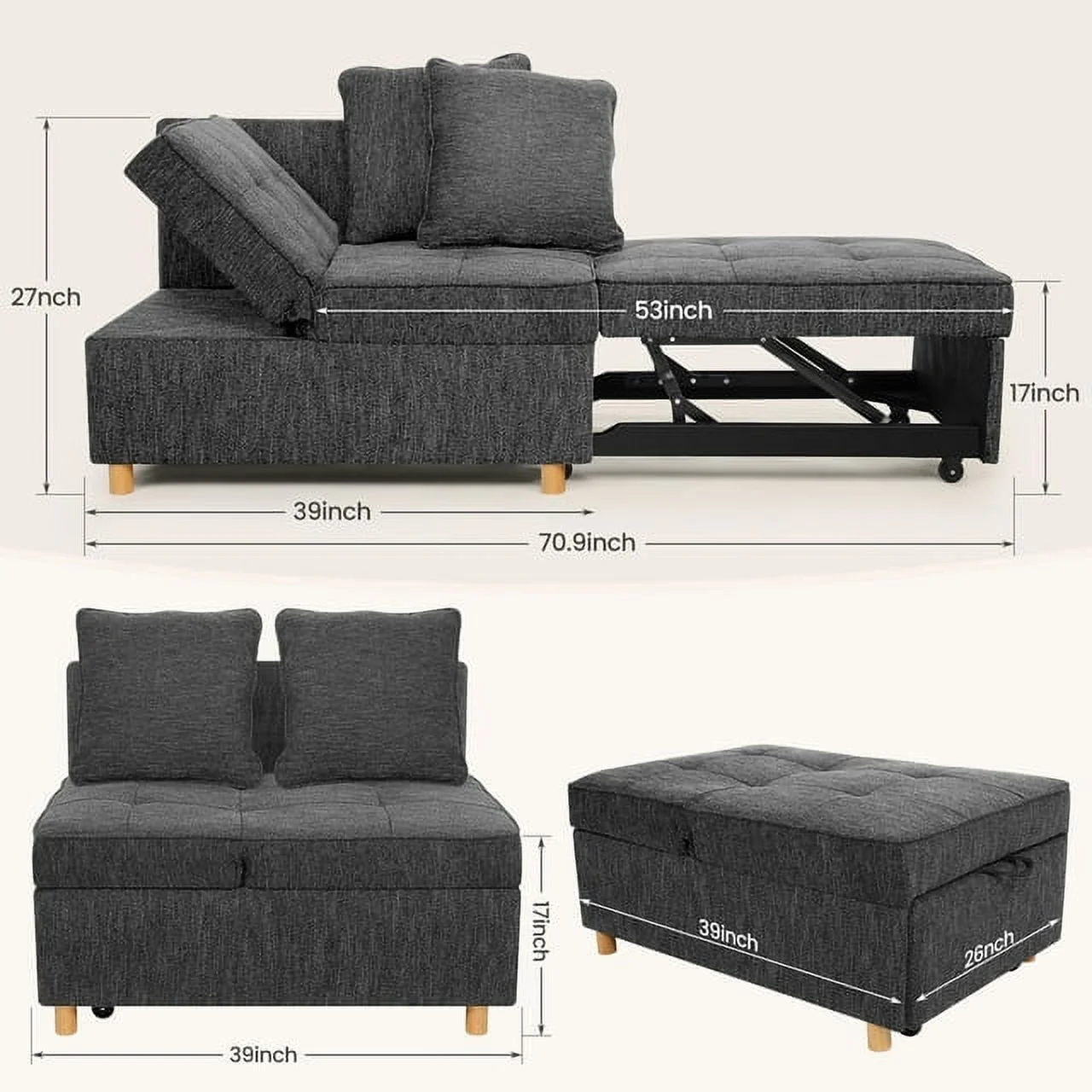 Linen Sofa Beds Chair, 4 in 1 Convertible Chair Sleeper Bed with 5 Adjustable Backrest and 2 Pillows, Black