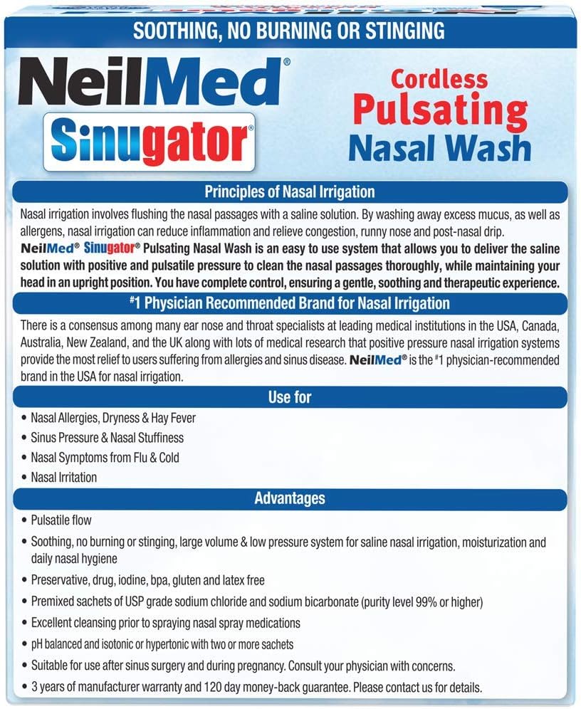 NeilMed Sinugator Cordless Pulsating Nasal Wash Kit with One Irrigator, 30 Premixed Packets and 3 AA Batteries