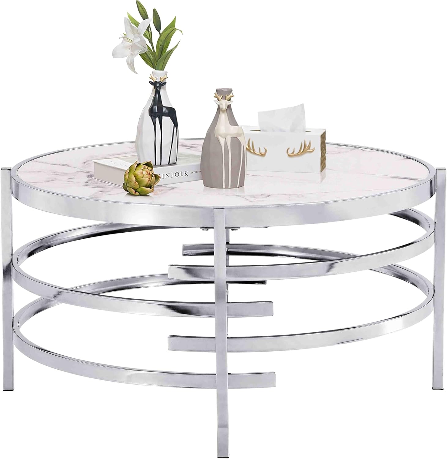 Goujxcy Modern Round Coffee Table, Elegant Coffee Table with Faux Marble Sintered Stone & Irregular Silver Metal Frame, 32.5in Cocktail Tea Table Center Table for Living Room Apartent Small Place