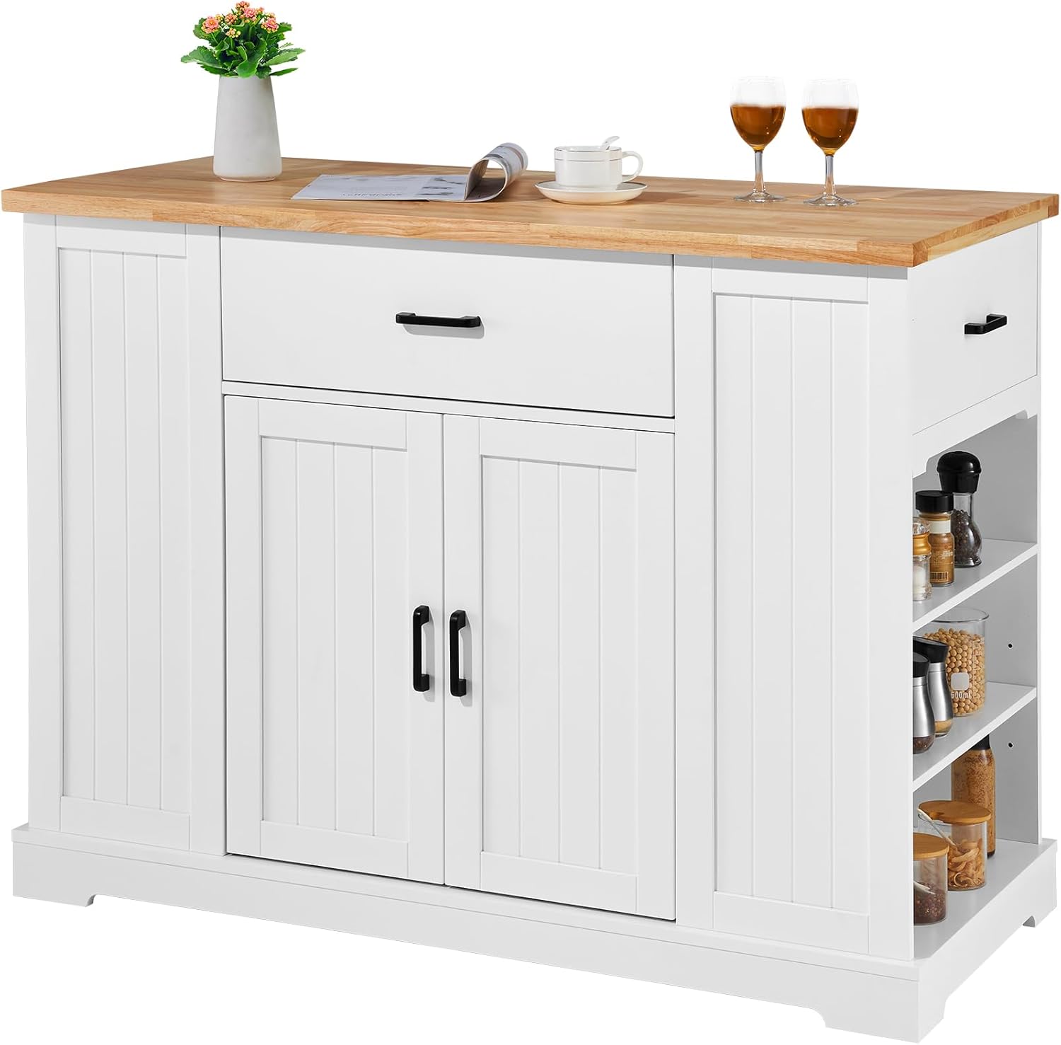 VEVOR Kitchen Island Cart, 46" Wood Top Breakfast Bar with Storage Cabinet, Farmhouse Kitchen Table with Adjustable Shelf, Drawer, for Dining Kitchen Living Room, White
