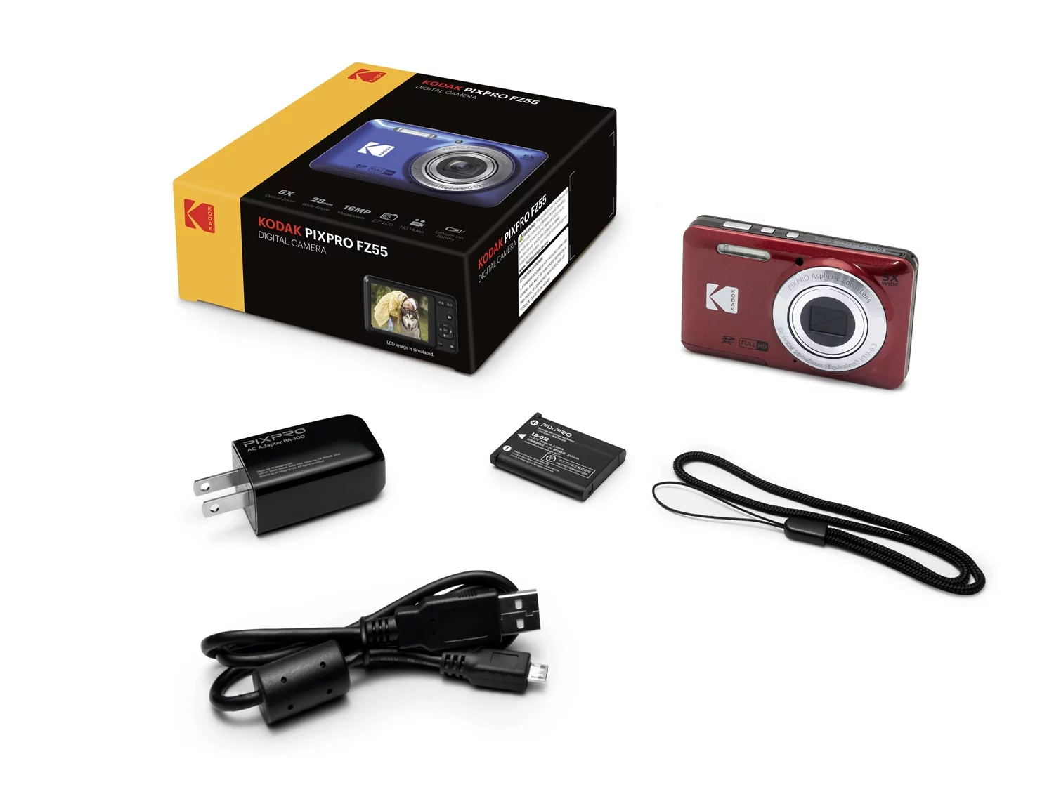 Kodak PIXPRO FZ55 Digital Camera (Red) + SanDisk 128GB Ultra UHS-I SDXC Memory Card + Black Point & Shoot Case
