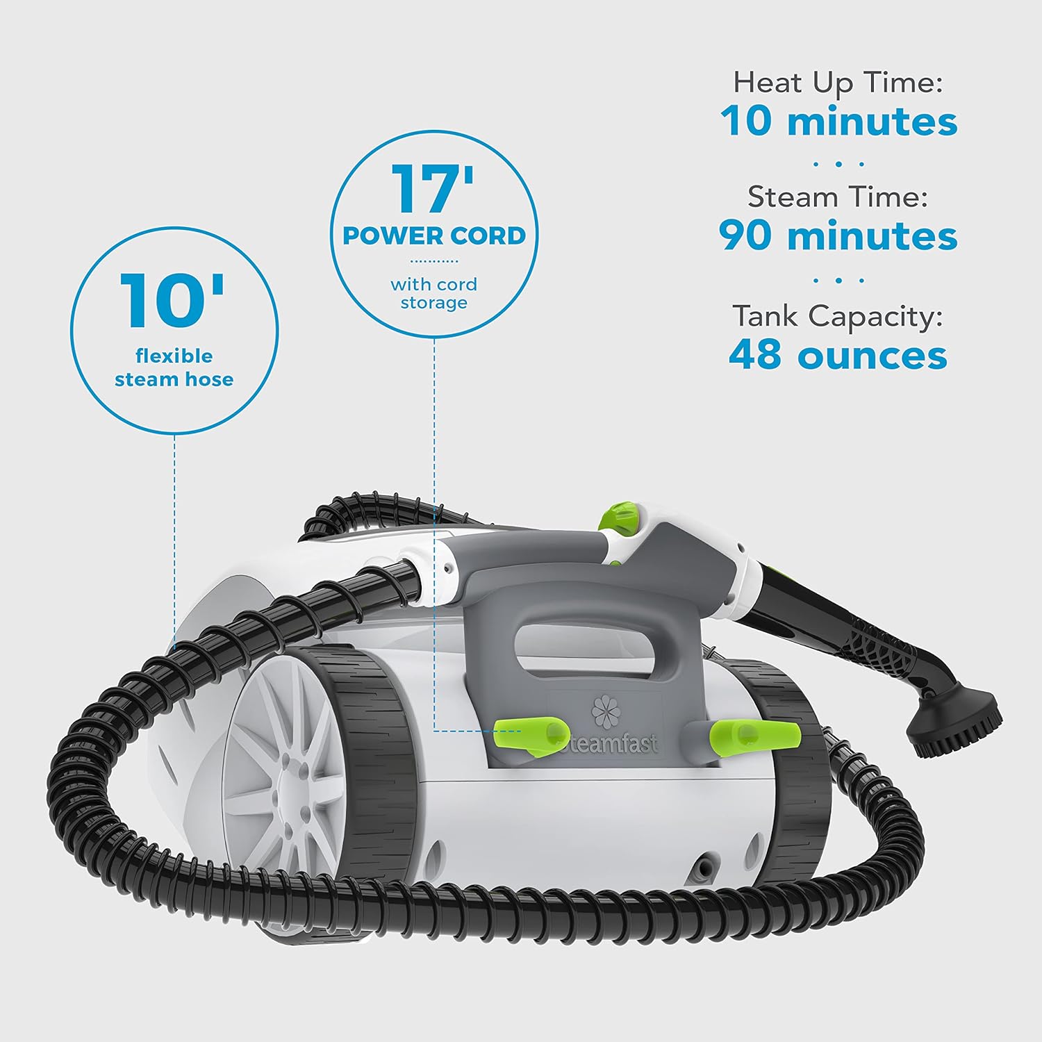 Steamfast SF-375 Deluxe Canister Steam Cleaner with 18 Accessories, Continuous Trigger, and Onboard Storage , White