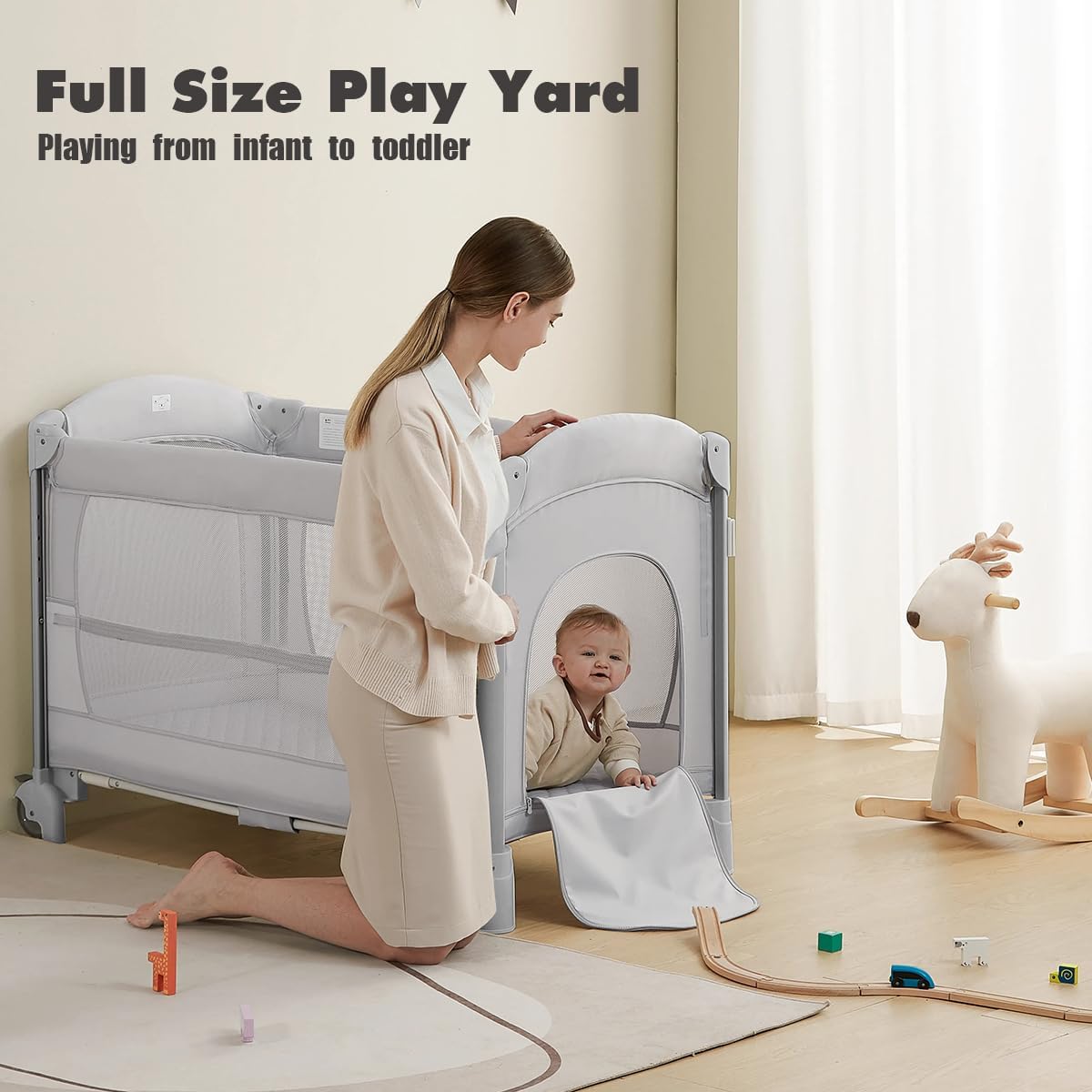 5-in-1 Playpen Portable Crib for Baby,Multifunction Bedside Crib from Newborn to Toddlers,U-Shaped Diaper Changer,Carry Bag,Music Mobile Baby Bassinet